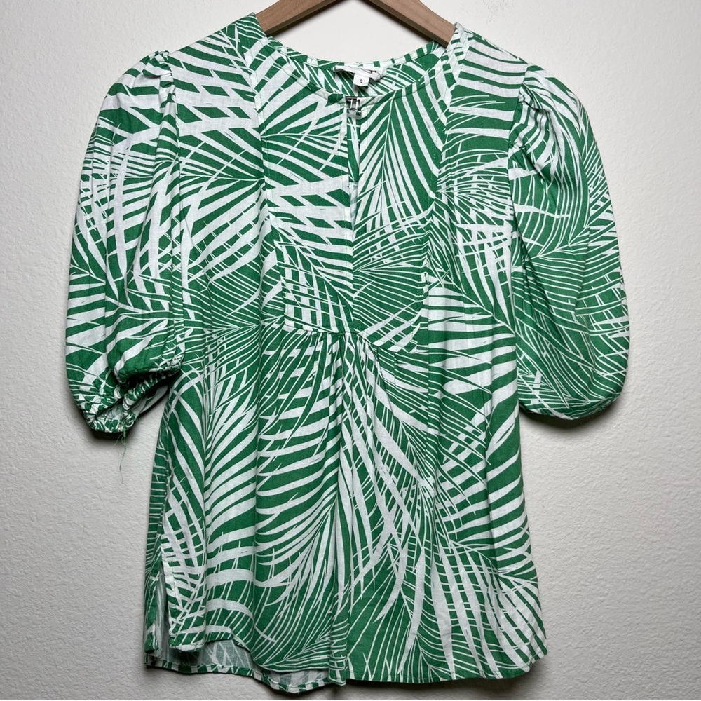 Panama Jack‎ Women Linen Top Small Green White Leaf Puff Sleeve Keyhole Resort